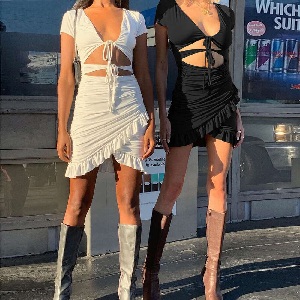 Women's Deep V Neck Hollow Out Ruffled Bodycon Sexy Dress B5