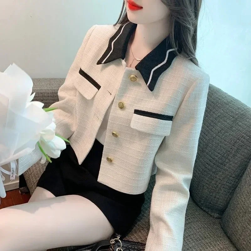 Spring Autumn French y Socialite Temperament BlackAndWhite Lapels and Fragrant Tweed Coat Women Coats 250730