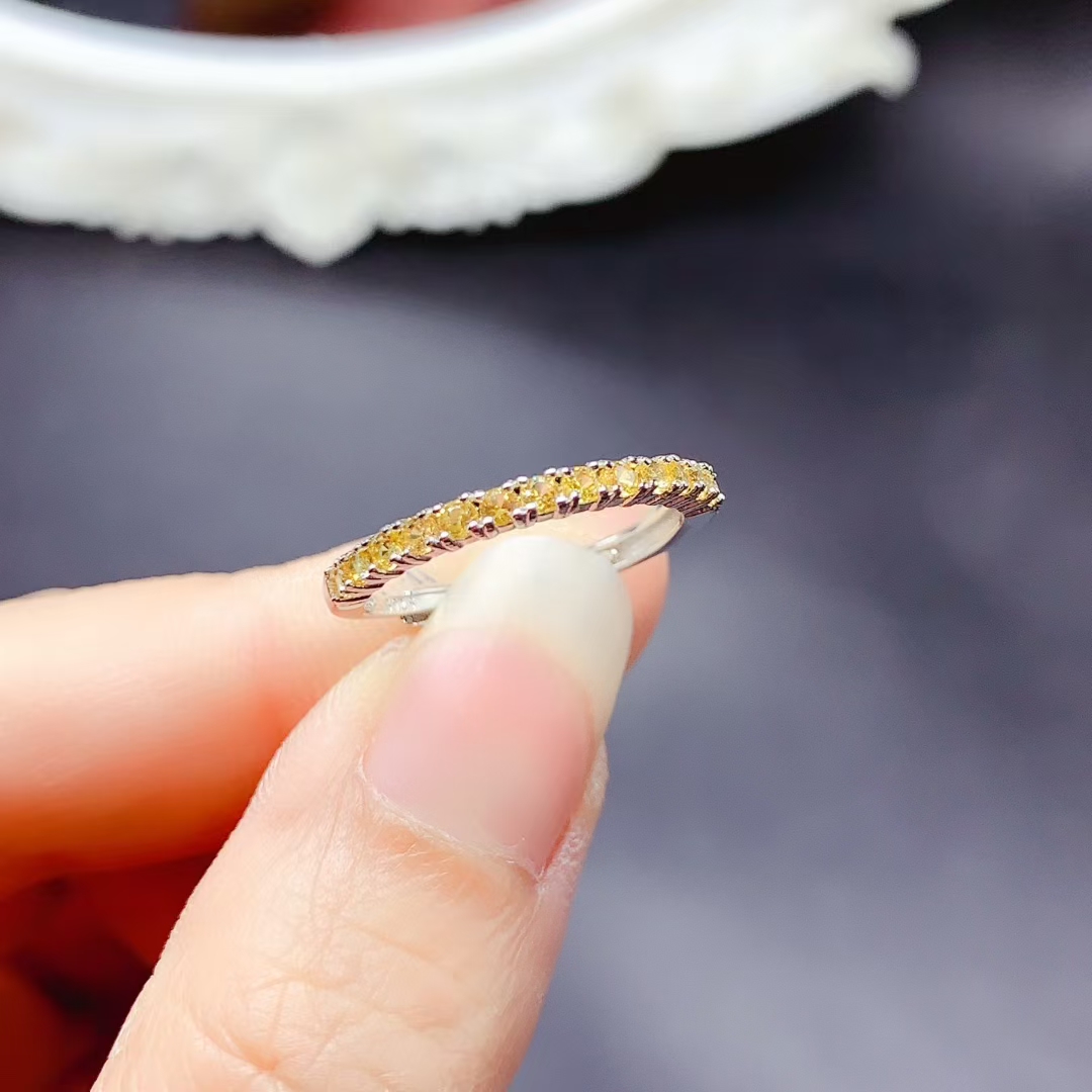 Natural Yellow Sapphire Ring for Daily Wear 13 pieces 2mm genuine Sapphire 925 Silver Ring with 18K Gold Plating gift for women