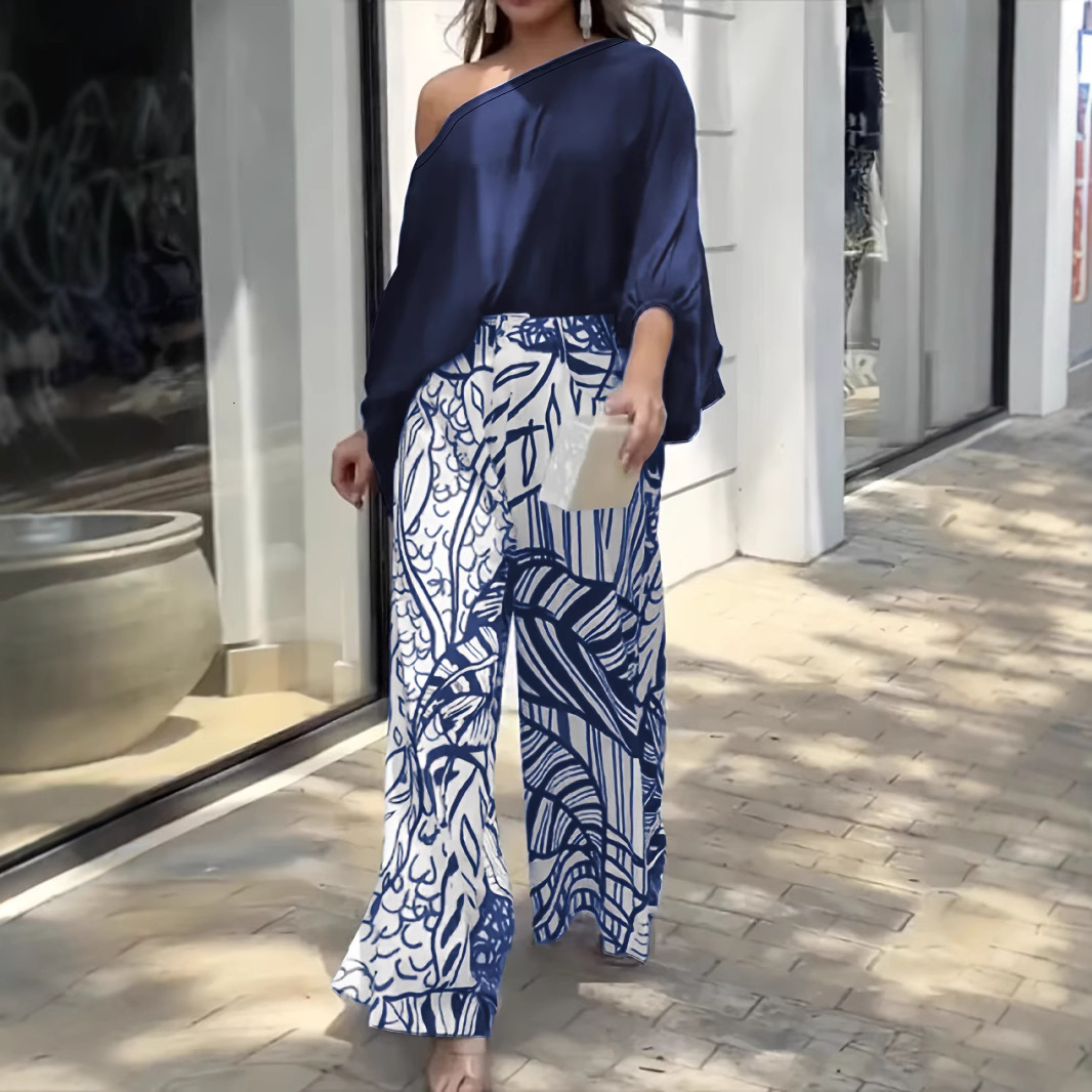 F2162 Womens Spring Summer Solid Color Asymmetrical Neck Top Fashion Printed Wide Leg Pants Casual Two-Piece Set
