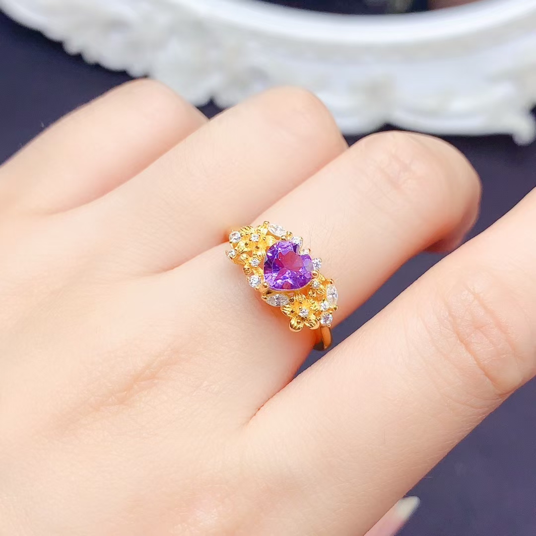 Natural Amethyst 925 Silver Ring 6mm VVS Grade genuine Amethyst Ring for Party 3 Layer 18K Gold Plated crystal Jewelry