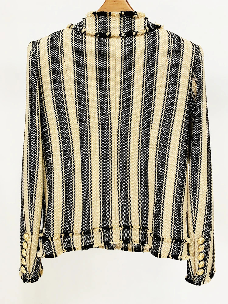 HIGH STREET est AW ner Outerwear Womens Elegant Yellow Black Striped Tassel Fringed Tweed Jacket 250729