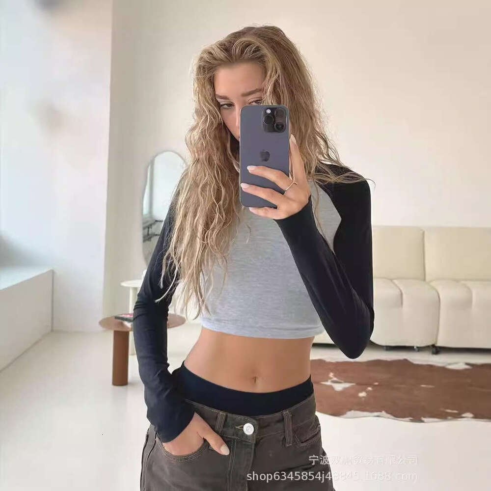 Autumn Winter New Hot Girl Style Long Tight T-Shirt Short Raglan Sleeve Spliced Top Cropped Knitted Women's Clothing B5