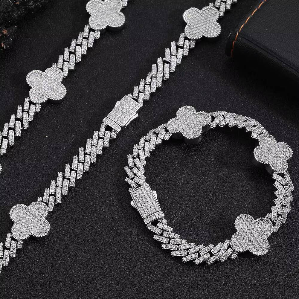Fine Jewelry S925 Silver VVS D Colour Moissanite Bracelet Iced Out Four Leaf Clover Cuban Link Chain Hip Hop Men Bracelet