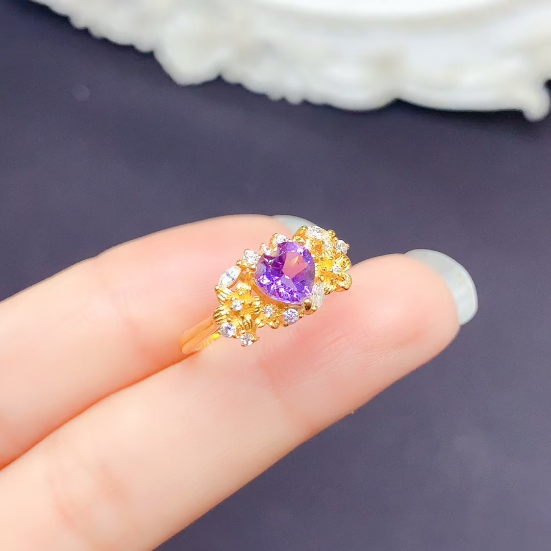 Natural Amethyst 925 Silver Ring 6mm VVS Grade genuine Amethyst Ring for Party 3 Layer 18K Gold Plated crystal Jewelry