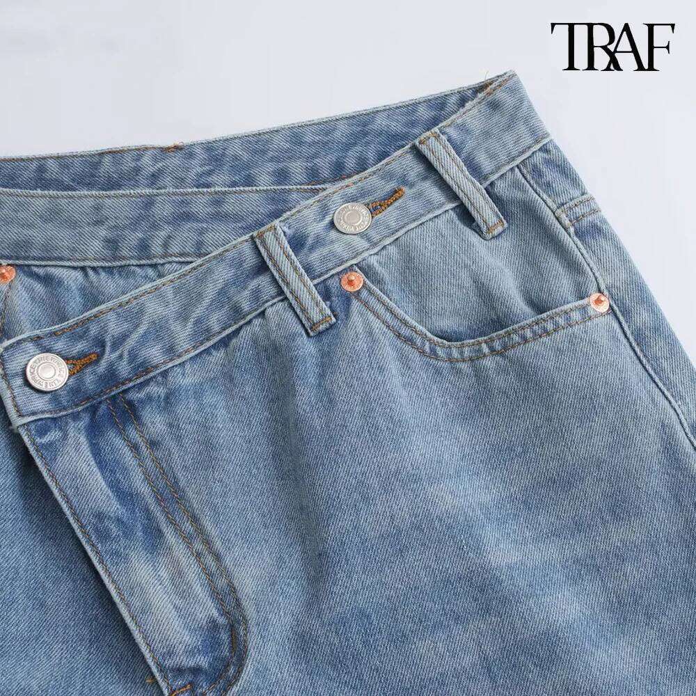 TRAF New European And American Style High-Waisted Jeans Pockets Decorated Trousers Temperament Elegant Women's Clothing MDNG