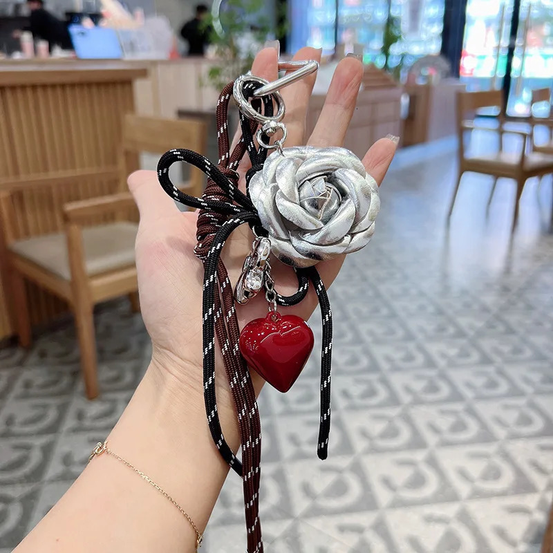 Trendy style camellia flower Backpack pendant Hand woven rope Hangings love heartKey Chain 250729