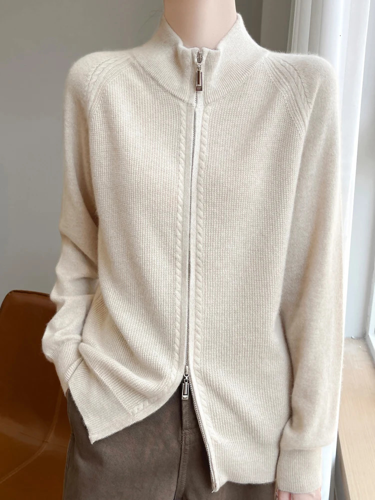 100% Pure Wool Zipper Cardigan Womens SemiTurtleneck Knit Coat Fashion Loose Double Sweater Autumn Winter Female Jacket 250730