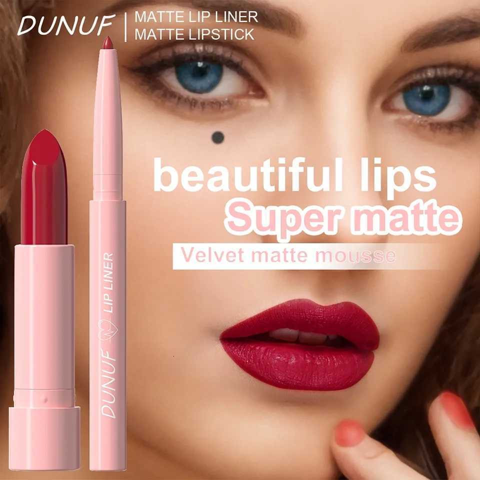 Waterproof Matte Lip Liner and Lipstick Set - Red Brown Contours Long-Lasting Non-Sticky Hydrating Lip Makeup G250729
