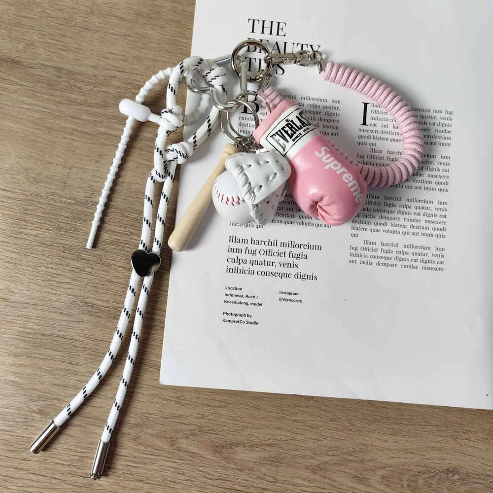 Pink Boxing Glove White Baseball Keychain Spring Lanyard Women's Bag Pendant