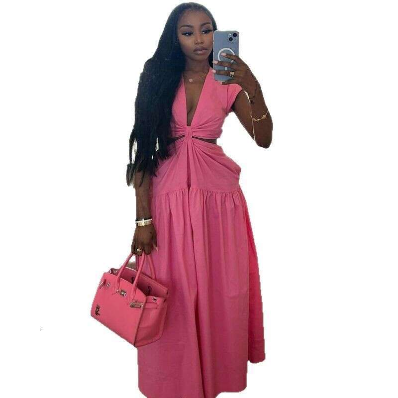 Minimalist Waist-Exposing Summer Women's Solid Color Long Dress B5