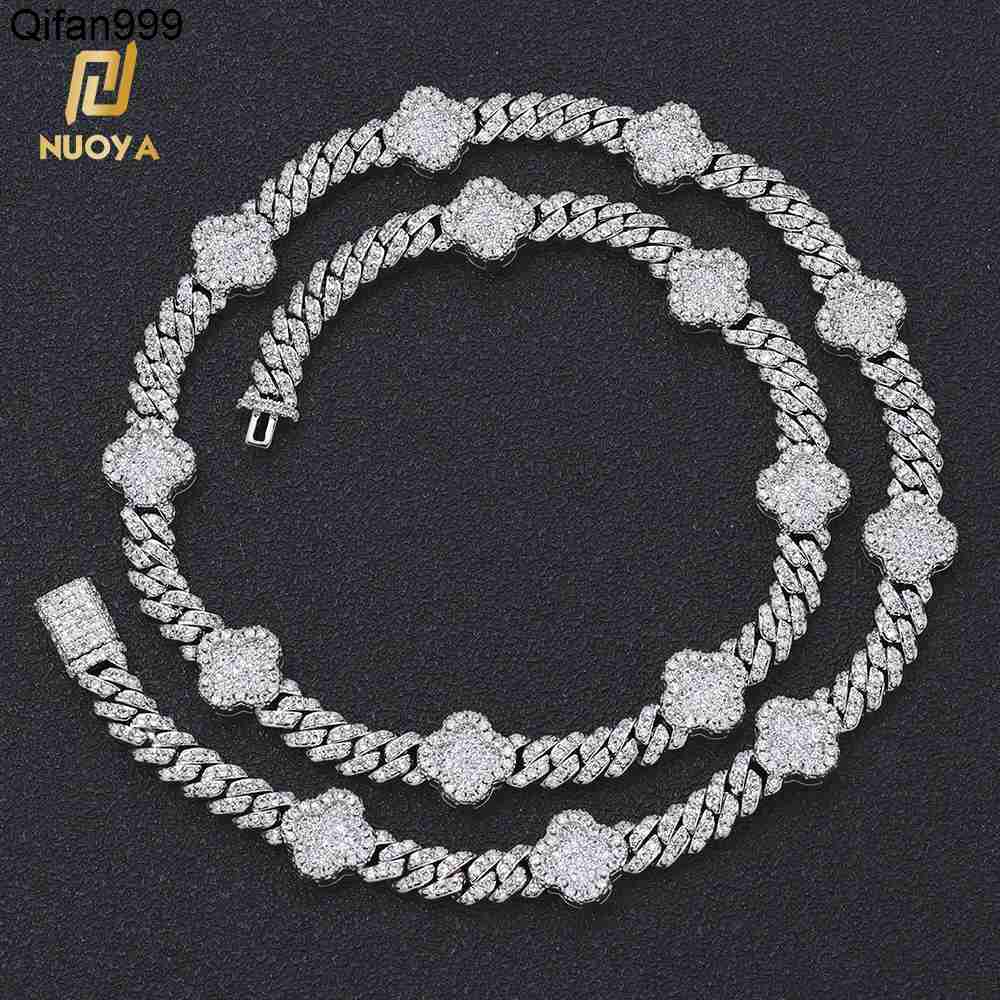 NUOYA Four Leaf Clover Design 6MM Cuban Chain Shiny Single Row Diamond Prong Cuban Link Chain Necklace Women Jewelry for Gift