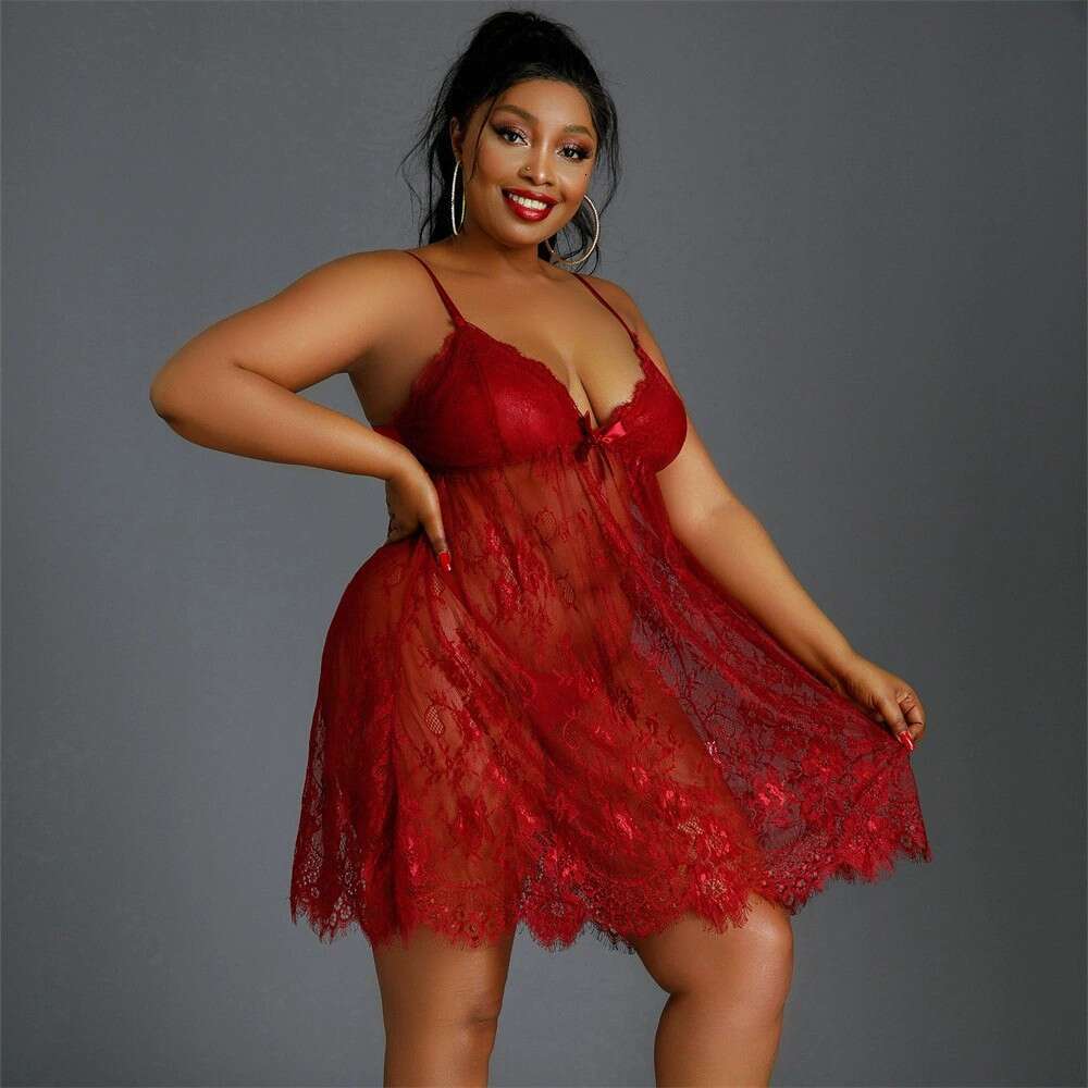 Red lace see through camisole nightgown sexy deep V size pajamas skin friendly soft private seduction home skirt