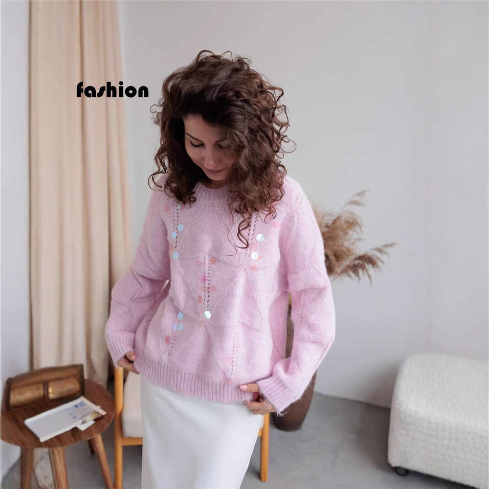 French Style Sequin Hollow Soft Sweater Knitwear For Women Autumn Winter Heavy Craft Design Niche Lazy Loose Top B5 h6