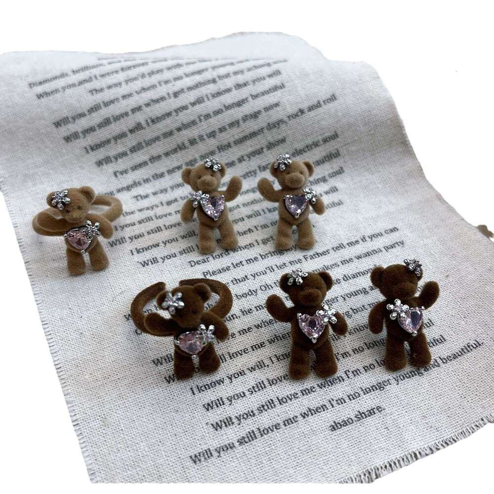 Autumn Winter New Flocked Flower Decoration Rhinestone Cute Girly Earrings Stud Fashionable Bear Heart Ring 153