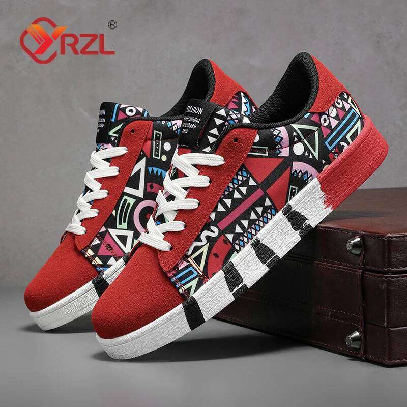 YRZL Men's Sports Running Canvas Geometric Style Lace-Up Sneakers Couples' Fashionable Graffiti Print Skate Shoes Men