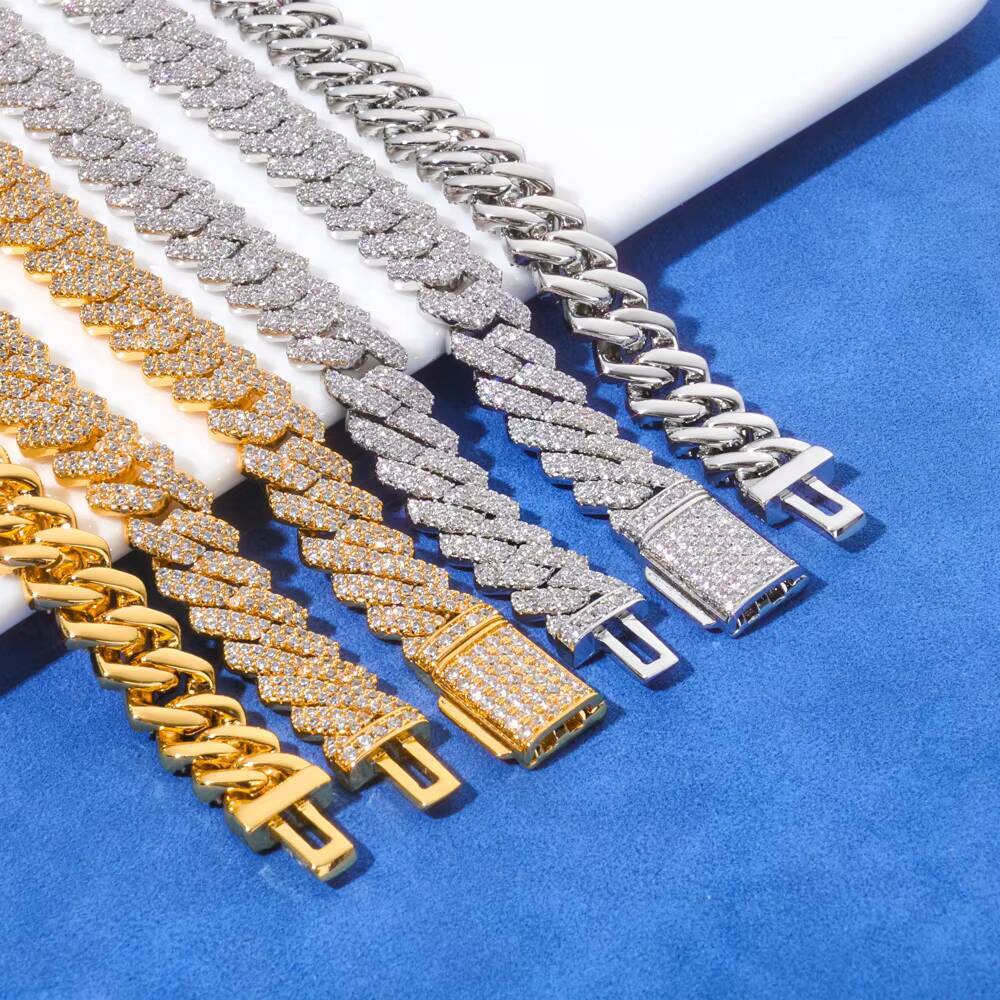 NUOYA Hiphop Hight Quality VVS Moissanite 8mm Flip Button Link Chain Necklace 8mm 925 Silver Cuban Chain Men Jewelry