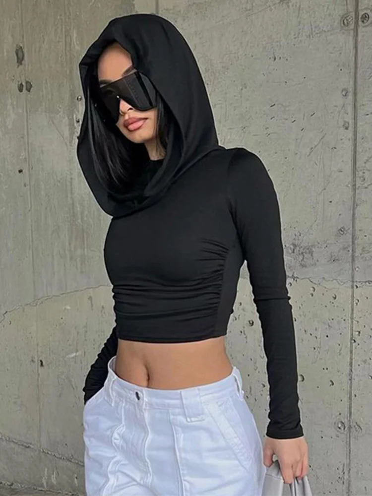 Womens Hooded Crop Tops Autumn Solid Color Long Sleeve Cowl Neck Slim Fit Short TShirt Streetwear Sporty Basics Tees 250729
