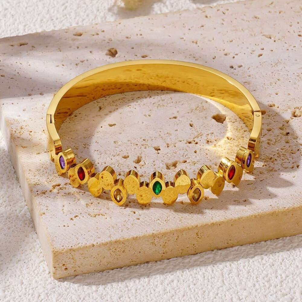 Minimalist Oval Titanium Steel Gold-Plated Personalized Micro-Inlaid Colorful Zircon Full Dia Bracelet Ins Fashion Women's Jewelry