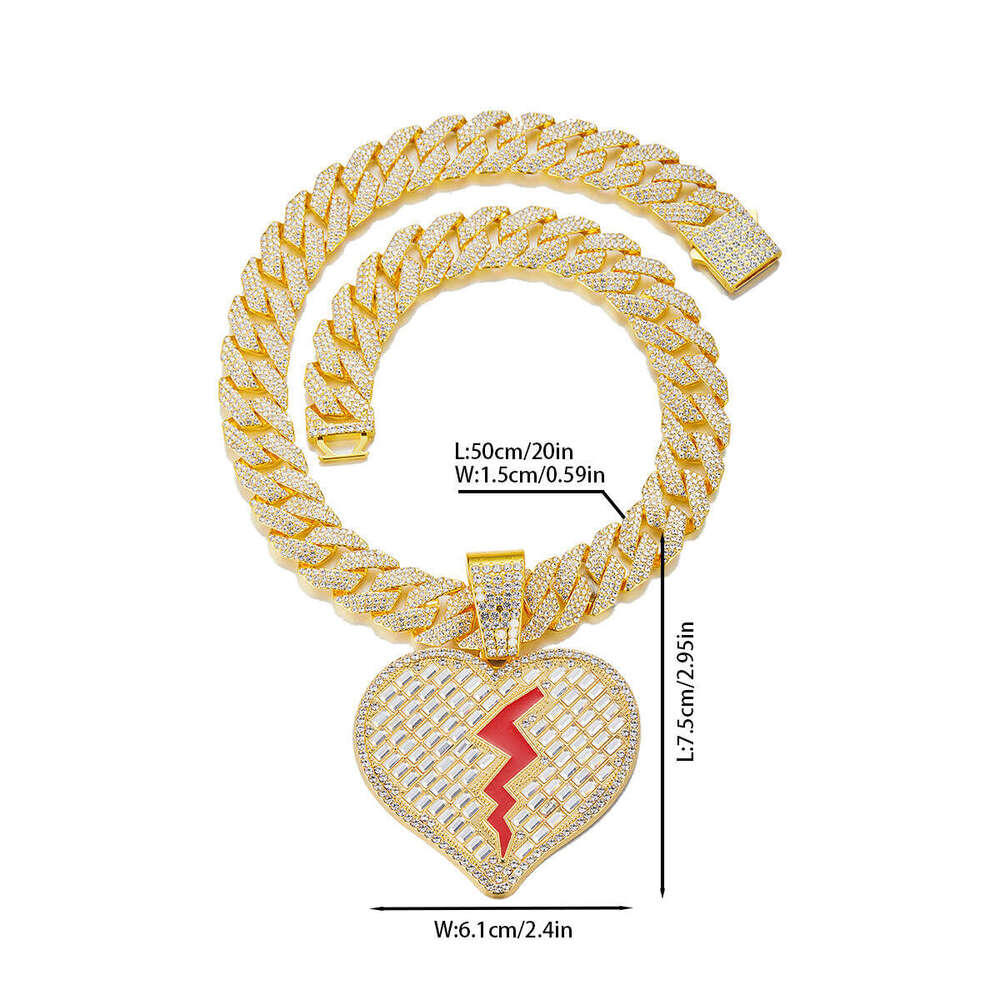 Full Dia Oil Drop Heartbreak Love Heart Pendant Hip Hop Exaggerated Alloy Cuban Chain Creative Trendy Necklace