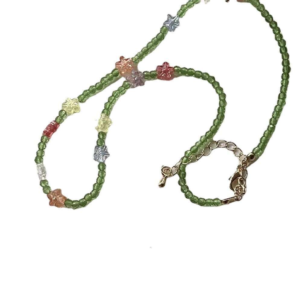 Colorful Small Green Crystal Niche Design Sense Flower Beaded Necklace Sweet Handmade Collarbone Chain 0b9