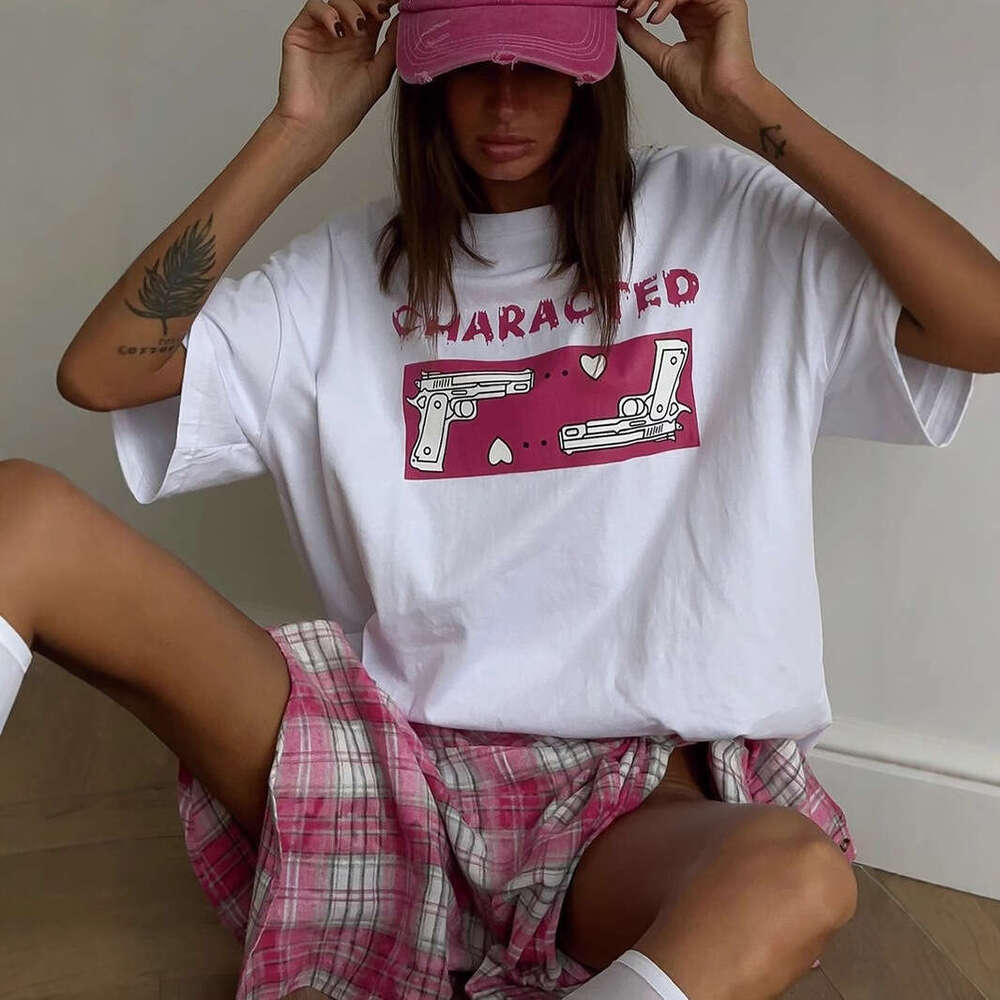 Ins Style Printed T-Shirt For Women, Summer New Versatile Loose Round Neck Pure Cotton Short Sleeve Top B5 h6