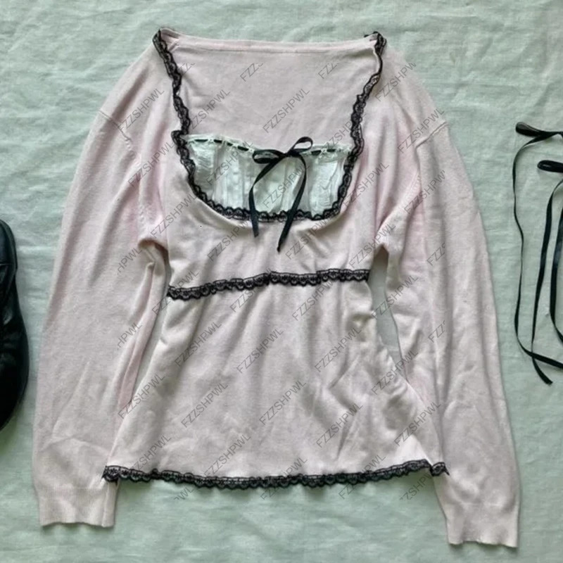 Women Off the Shoulder Knitted Sweater Top Cozy Lazy Long Sleeve Pullovers Cottage Y2k Aesthetic Bowknot Pattern Jumpers T-shirt 250723