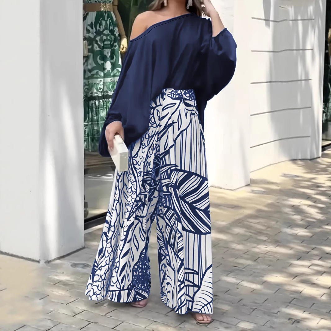 F2162 Womens Spring Summer Solid Color Asymmetrical Neck Top Fashion Printed Wide Leg Pants Casual Two-Piece Set