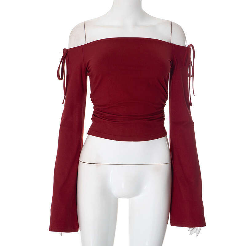 Qtp6 Women's Autumn Winter Off-Shoulder Bow Tie Ruched Short Cropped Top T-Shirt B5