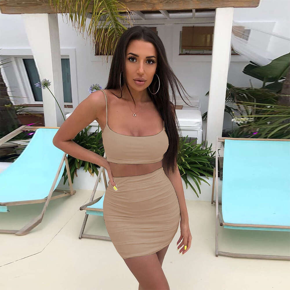 New Sexy Camisole Vest With Pleated Bodycon Skirt Two-Piece Set For Women B5