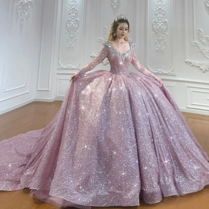 Pink Shiny Princess Quinceanera Dresses Sequined Beads Tull Long Sleeves Sweet 16 Dress Off Shoulder Ball Gown Vestidos 15 Anos