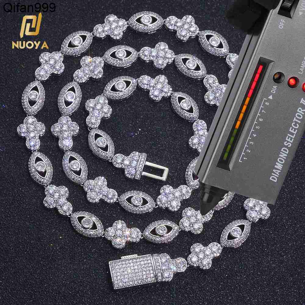 NUOYA 10mm 925 Silver VVS Moissanite Eye Cross Necklace Gold Plated Cuban Chain Mens Hip Hop Jewelry Gift