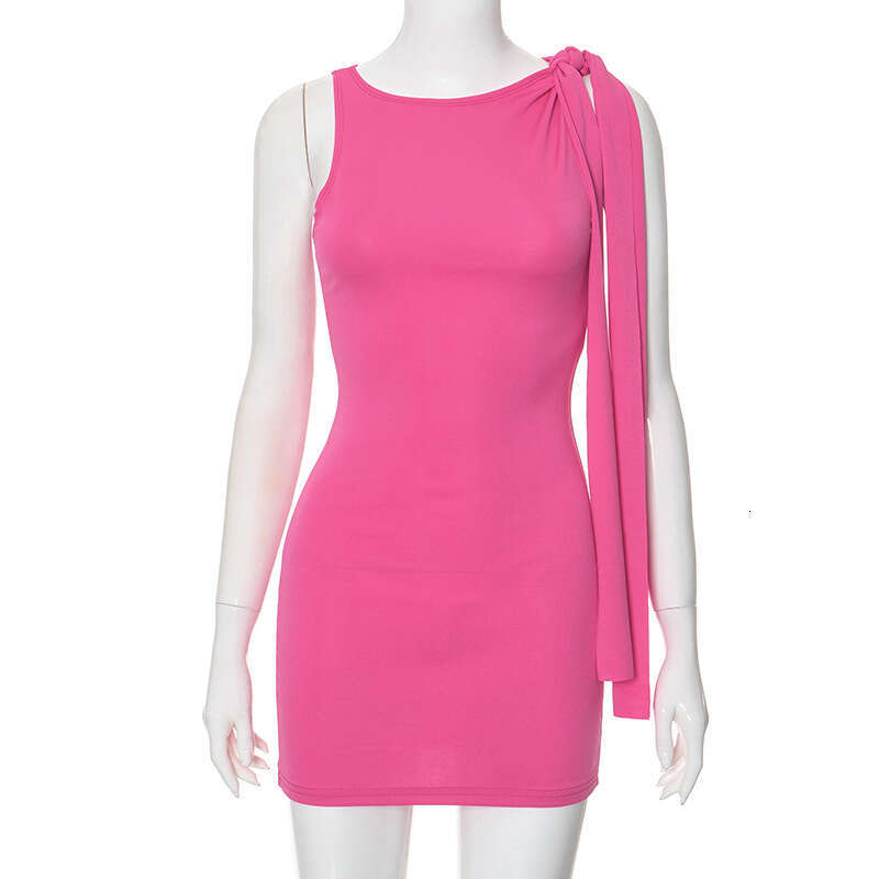 Yds325 Women's Summer New Solid Color Twist Knot Tassel Sleeveless Asymmetric Bodycon Dress B5