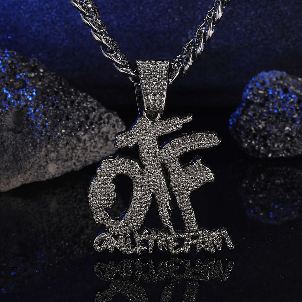 New Alloy Cuban Chain Hip Hop Full Rhinestone OTF Letter Necklace Pendant Fashion Straight Hair