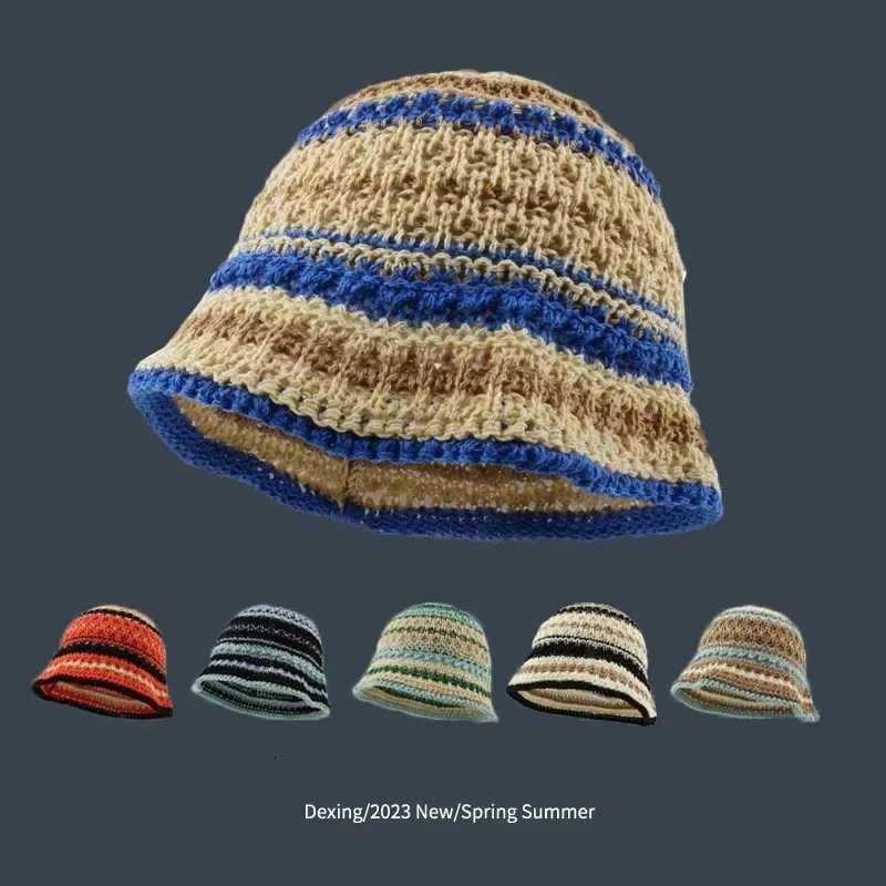 Handmade Crochet Striped Hat For Men Hollow Knitted Cotton Panama Fisherman Hats Summer Holiday Sun Cs Y250730