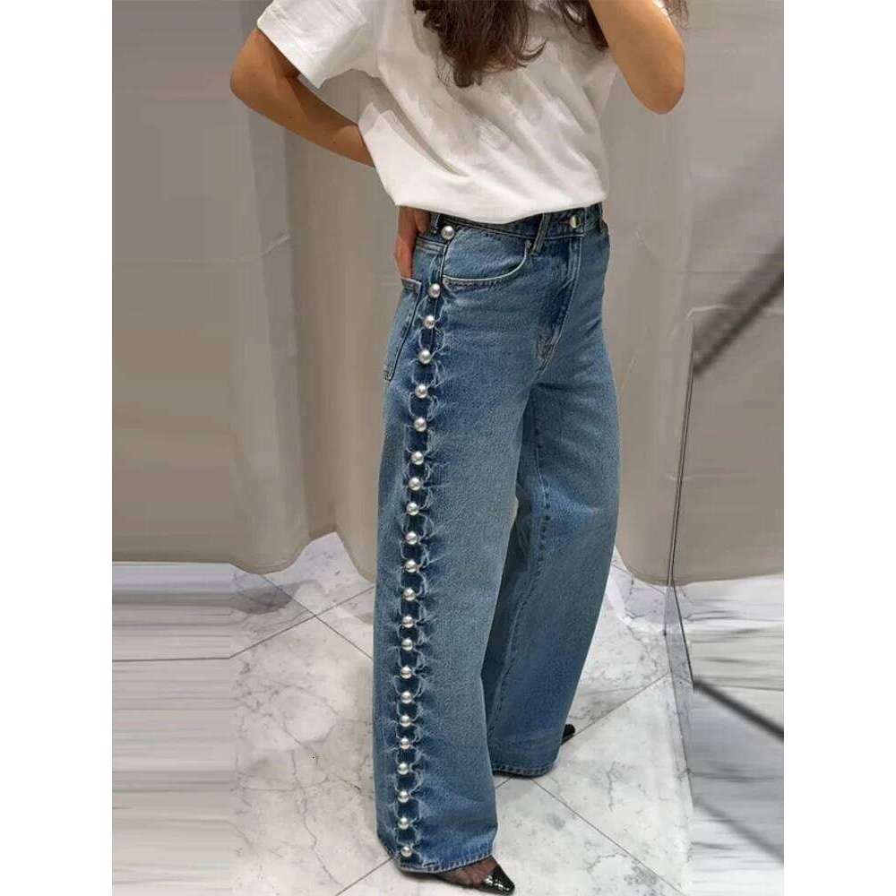 Y2k Sreet Pearl Women's Jeans Low Waist Loose Wide Leg Denim Pants Female 2025 Spring Summer Chic Retro Baggy Lady Trousers MDNG