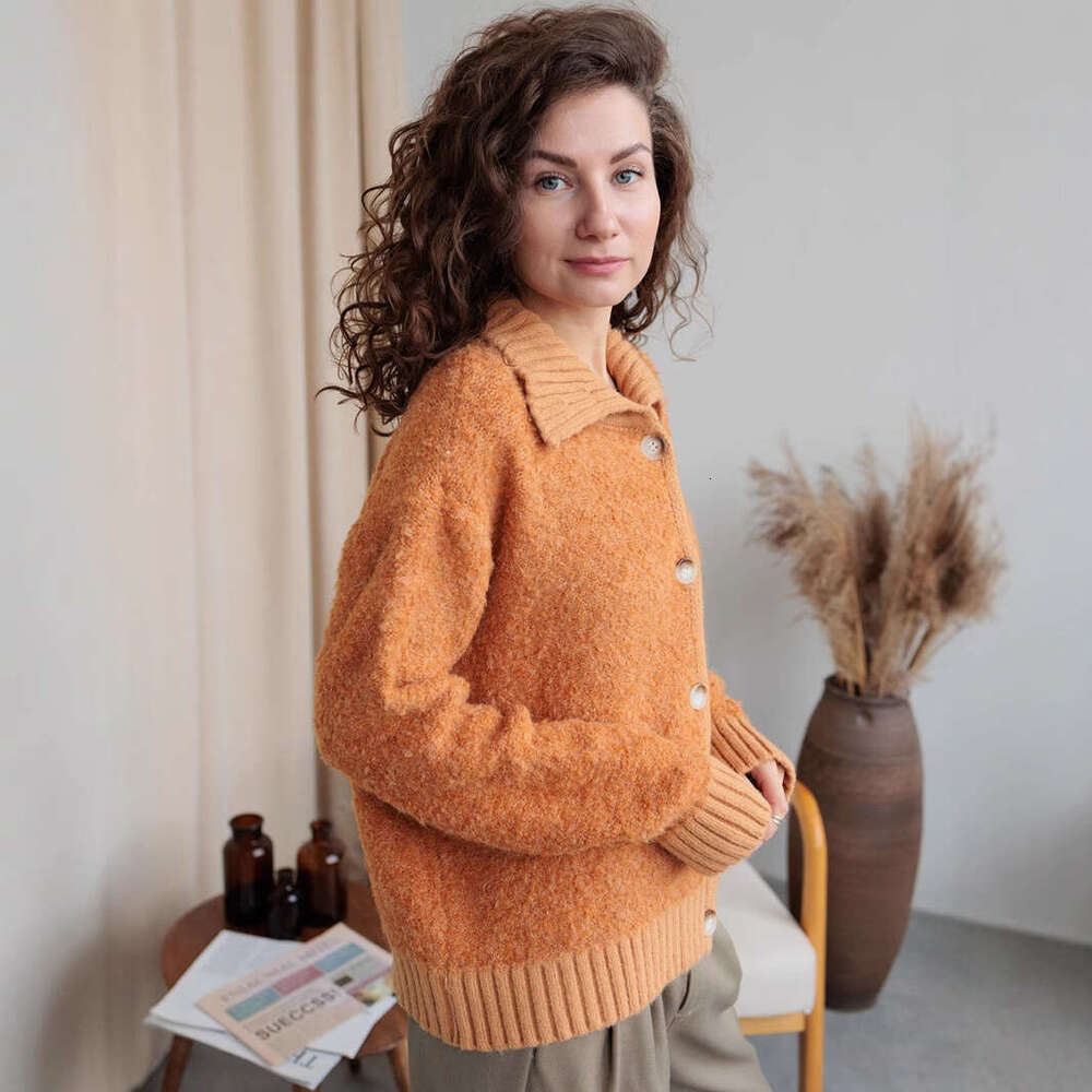 Caramel Color Fluffy Sweater Coat For Women Autumn Winter New Lazy Loose Turn-Down Collar Knitted Cardigan Top B5