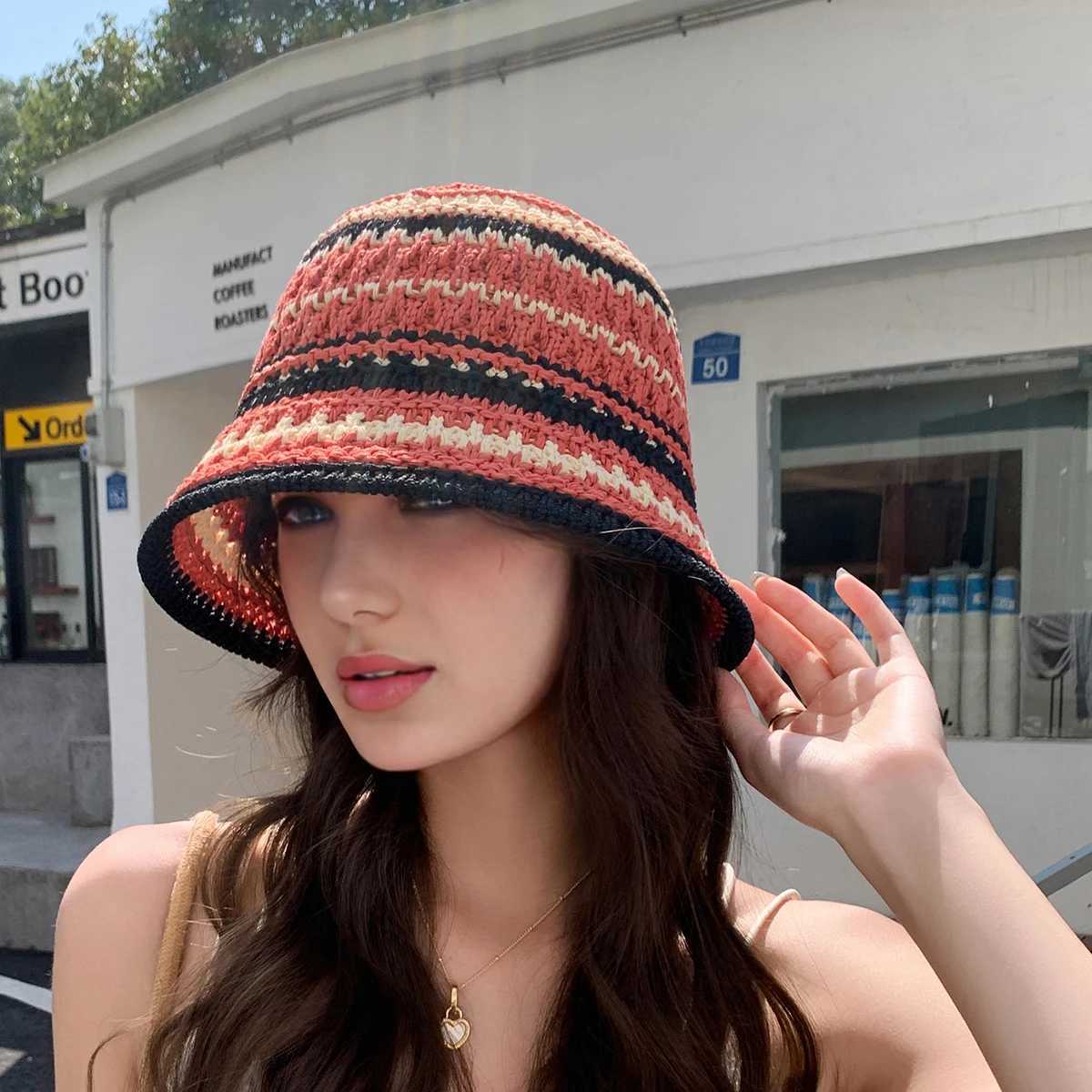 1 Womens Colorful Striped Knitted Hollow Hat that Can Be Folded for Outdoor Travel and Sun Protection Y250730