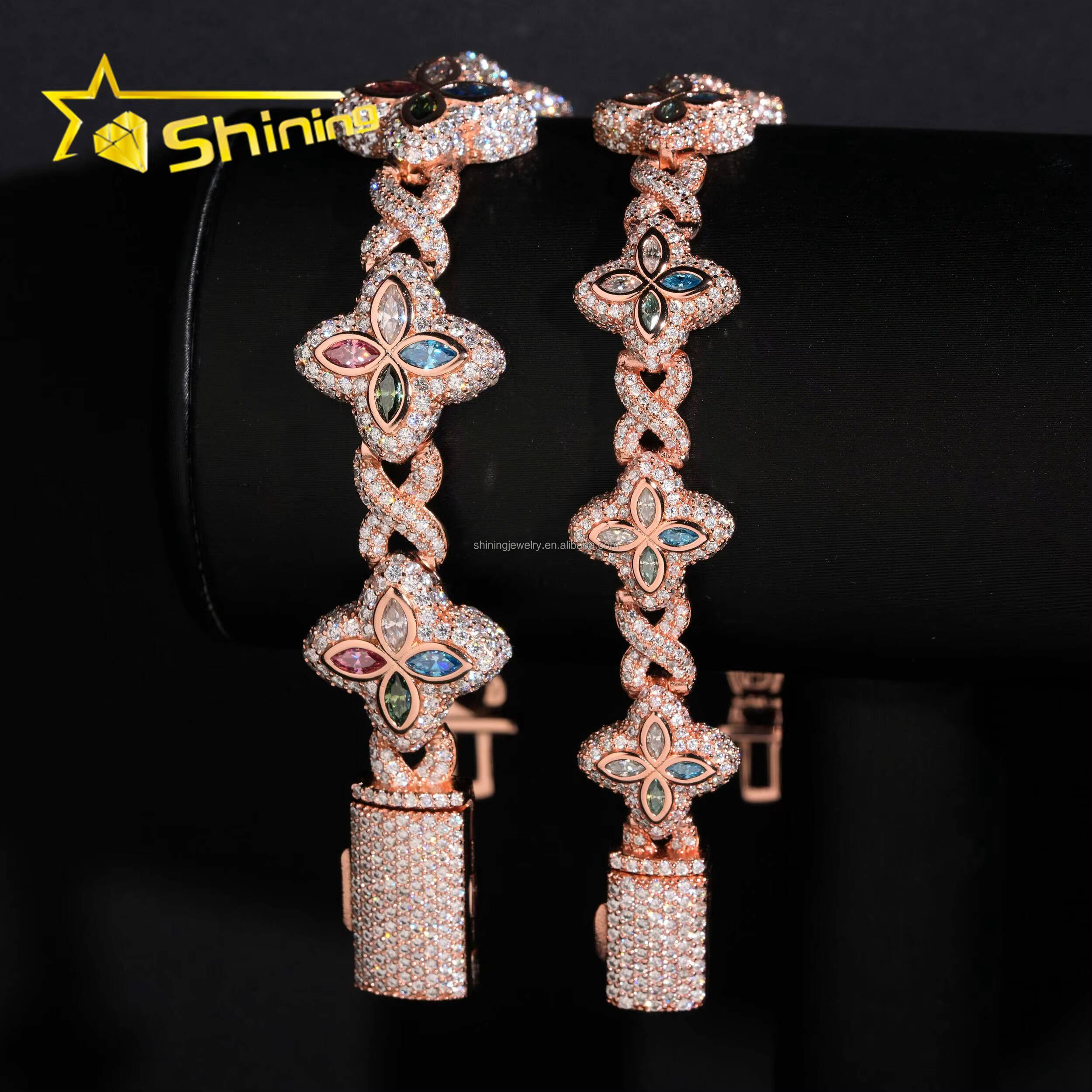 Unique Design Rapper Luxury Jewelry Hot Selling Hip Hop Mulit Color Moissanite Iced Out S925 Silver Cuban Clover Bracelet Men