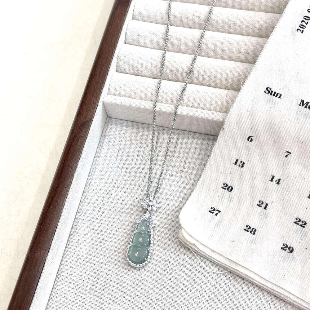 New Chinese Style Blue Water Jade Four Seasons Bean Pendant Necklace Light Niche Design Exquisite Cool Versatile Collarbone Chain bff
