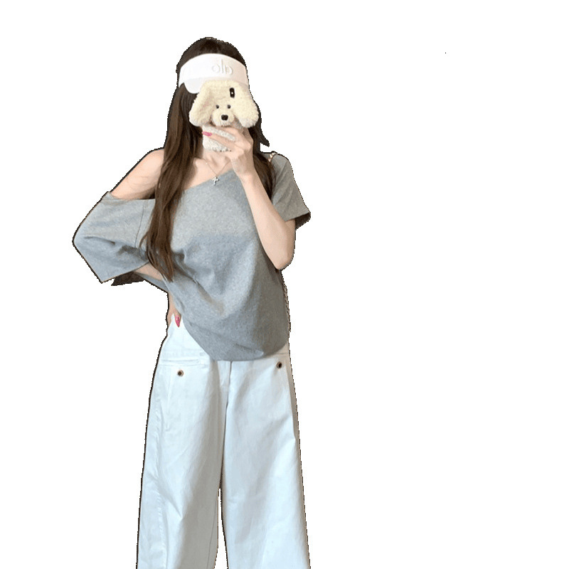 2025 summer new ribbed G short sleeved T-shirt loose thin shoulder exposed asymmetrical collar knitted top Korean women's S clothing new designer