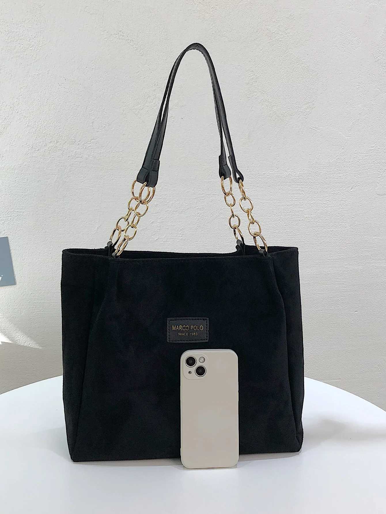 Stylish Suede Shoulder Bag Letterstick Details Chain Trim Tote Handbag Lady High Volume Tote Bag G250729