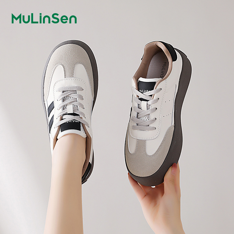 Mulinsen white shoes women's 2025 spring and autumn new retro thick-soled German training shoes all-match casual sneakers ins trend