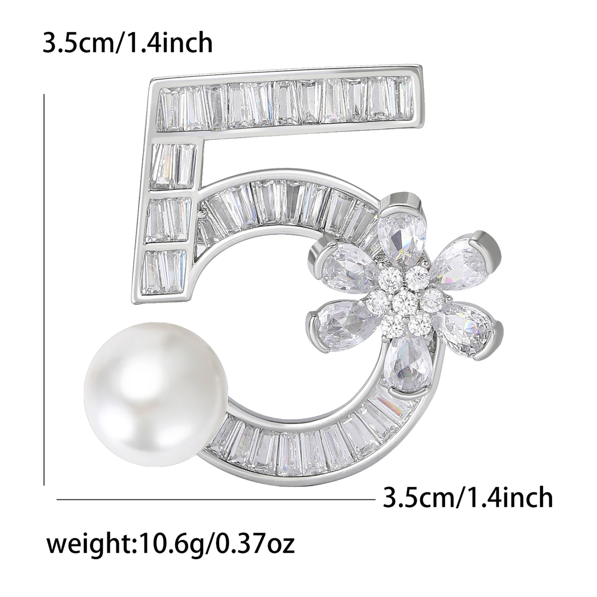 Silver Tone Rhinestone - Encrusted Number 5 Brooch With Pearl And Flower Accents Elegant Daily Jewelry And Gift For Her High Quality And Stylish Jewel