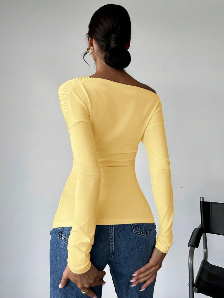 Womens Spring Casual Solid Color Girl Style Offtheshoulder Longsleeved Top 250729