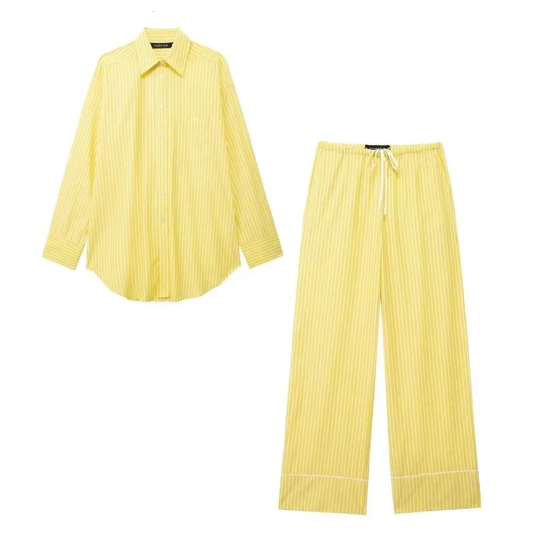 Women Yellow Stripe Blouse Pant Suit Loose Long Sleeve Shirt Drawstring Trousers Female Fashion Streetwear Outfits 250730