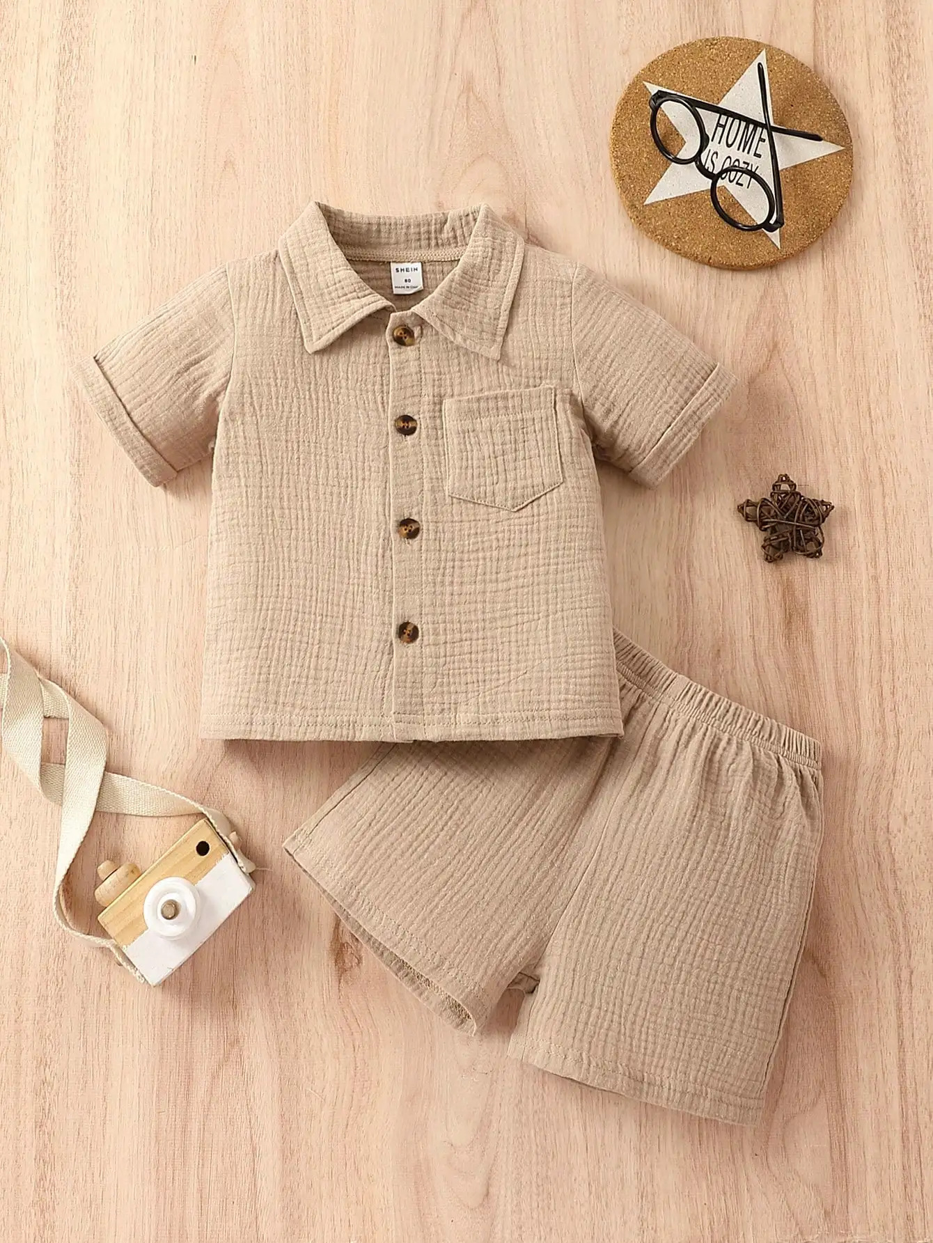 Cotton 2-Piece Summer Baby Boy Khaki Short-Sleeved Shorts Casual Outdoor Everything Simple Comfortable Soft Suit 250729