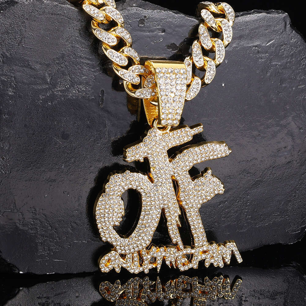 New Alloy Cuban Chain Hip Hop Full Rhinestone OTF Letter Necklace Pendant Fashion Straight Hair