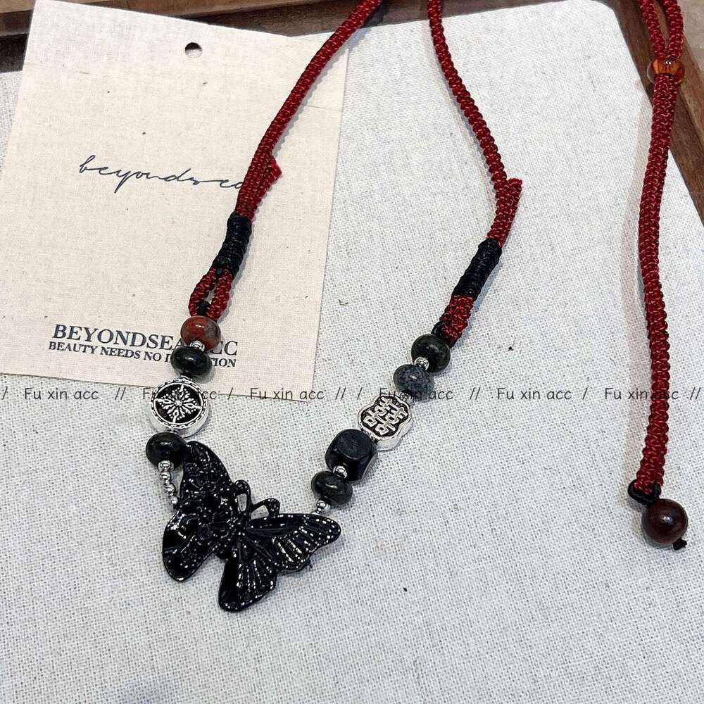 New Chinese Style Beaded Butterfly Necklace for Women, Niche High-end Feel, Double Happiness Drawstring Collarbone Chain, Light Cute Jewelry 855