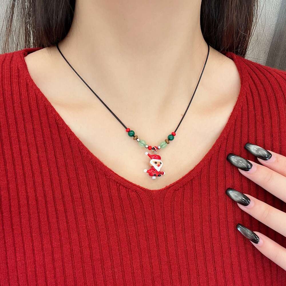 Colorful Beaded Christmas Tree Gingerbread Man Necklace for Women Cartoon Cute Sweet Collarbone Chain Fashionable Personality Sweater Accessory 60b